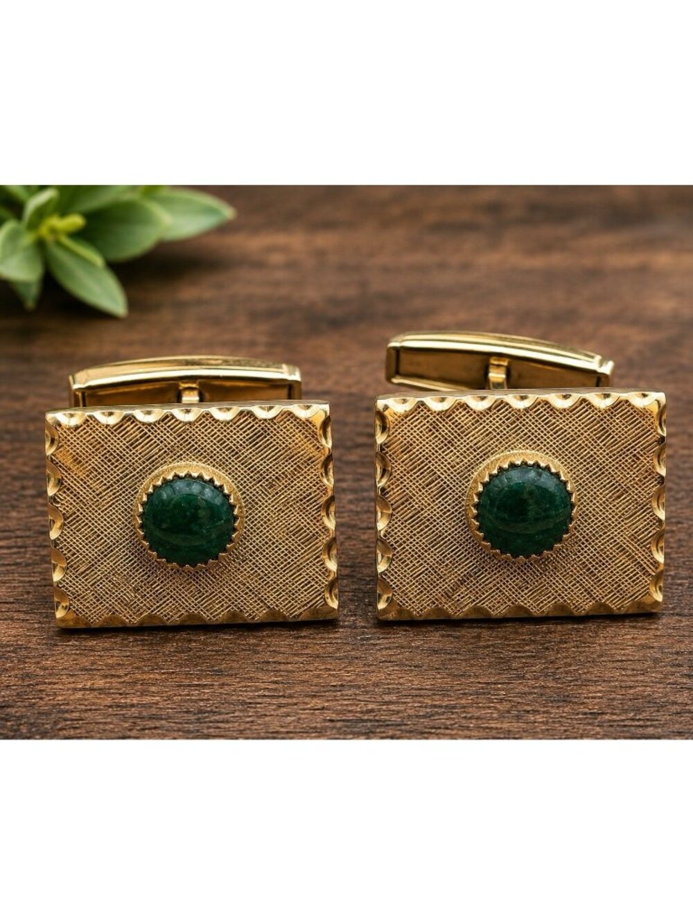 VTG  Mid Century Gold Tone Rectangle Cufflinks Green Natural Stone Engine Turned